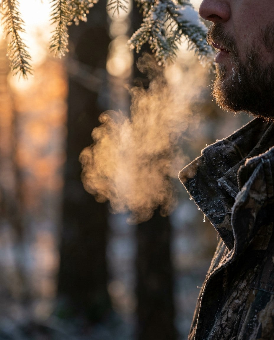 A hunter's breath visible in cold morning air