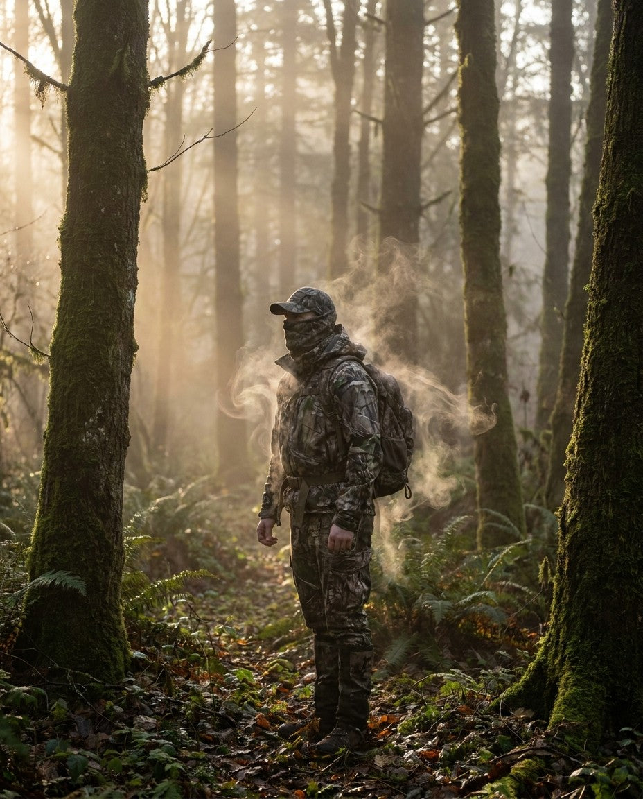A hunter's natural scent dispersing into timber air at dawn