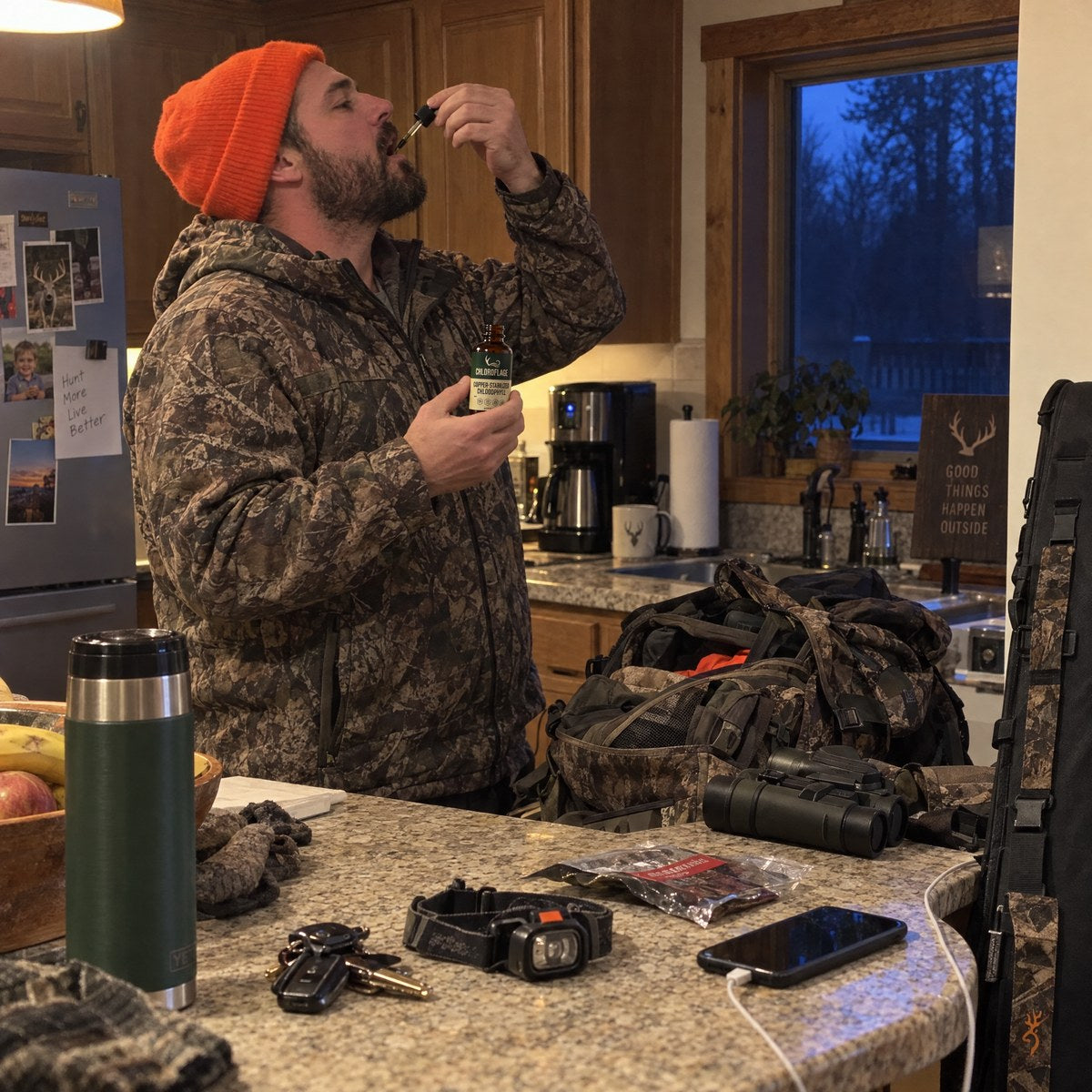 Hunter taking his Chloroflage dropper in the kitchen before a morning hunt