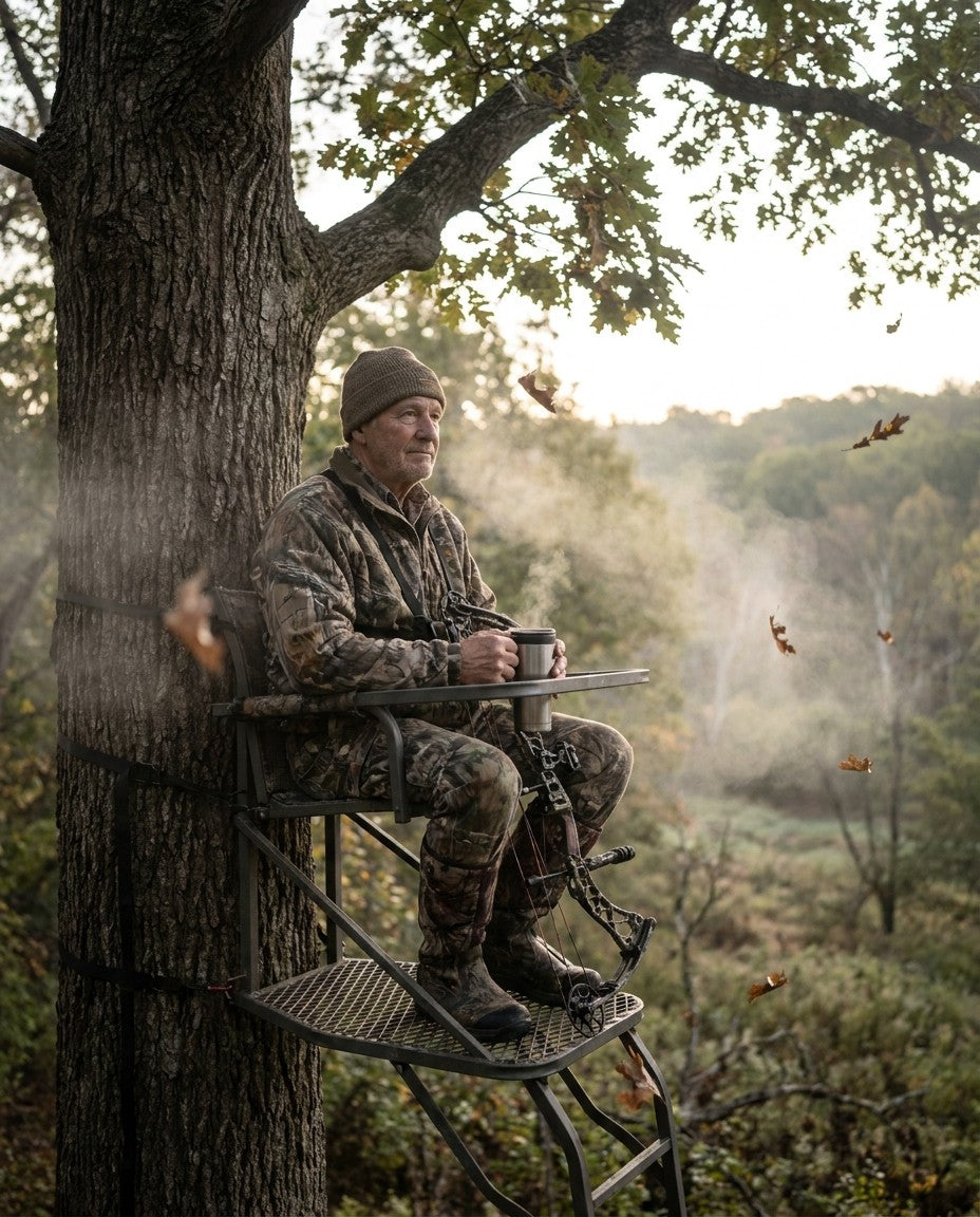 Wind and thermal swirl curling around a treestand at dawn
