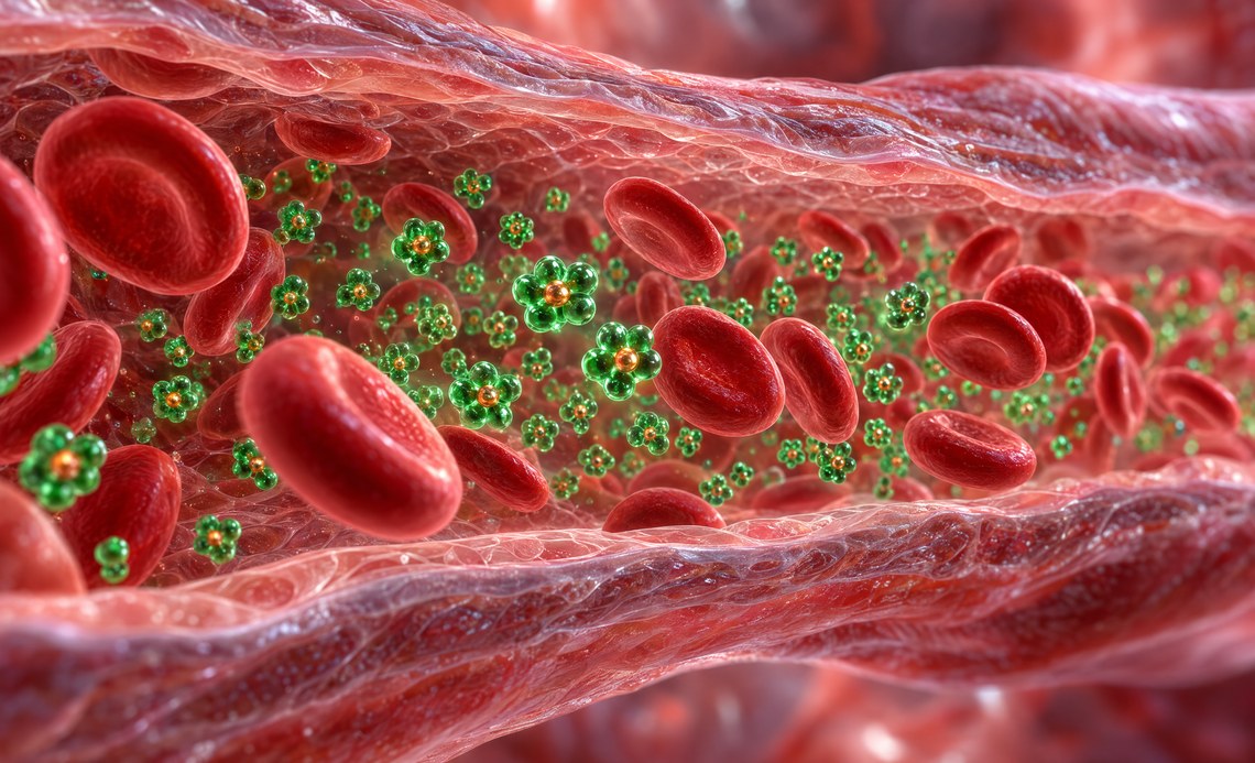 Copper-stabilized chlorophyll particles moving through a blood vessel