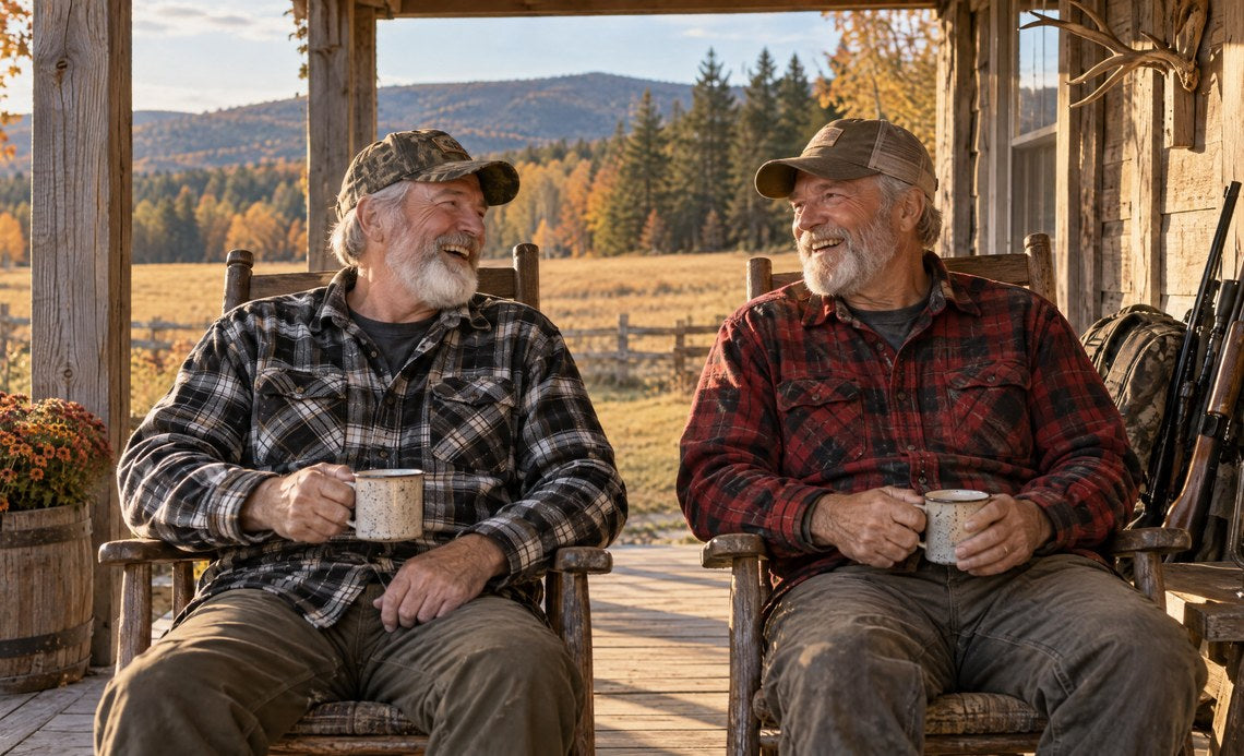 Two older hunters talking on a farmhouse porch