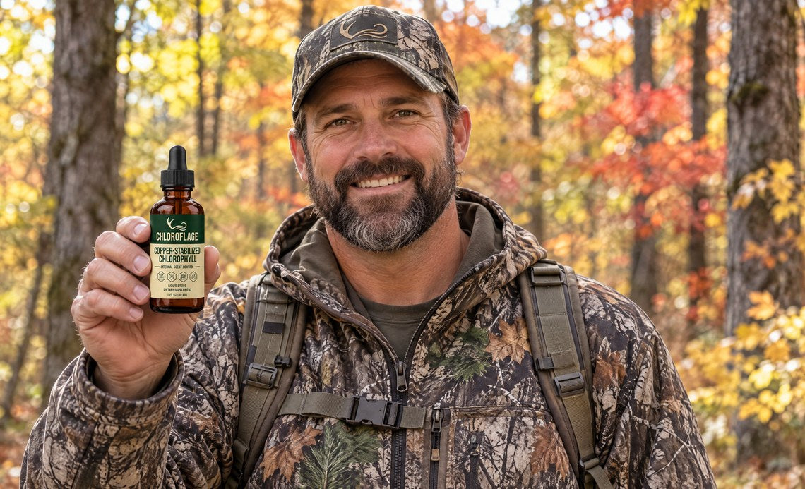 Hunter holding a bottle of Chloroflage in the autumn woods